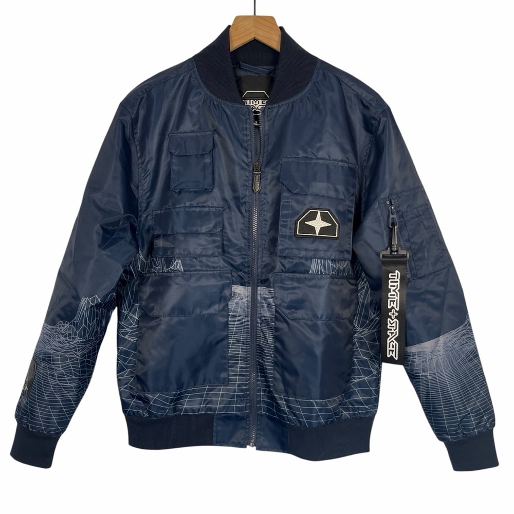NWOT TIME + SPACE Bomber Jacket with Tag Mens Navy Blue Small Science Fiction